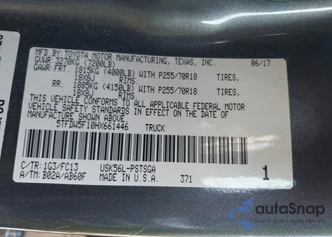 2017 Toyota Tundra Sr5 5.7L V8 z USA, uszkodzony, nr VIN 5TFDW5F10HX661446